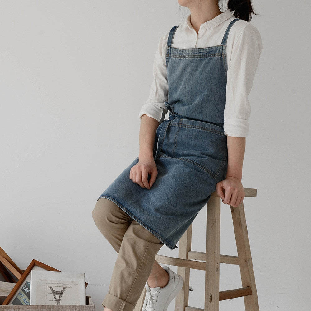 100% Cotton Denim Apron Thicken Canvas Anti Fouling Home Kitchen Restaurant Korean Pinafore Flower Coffee Store Waist - Provence Home Living Store