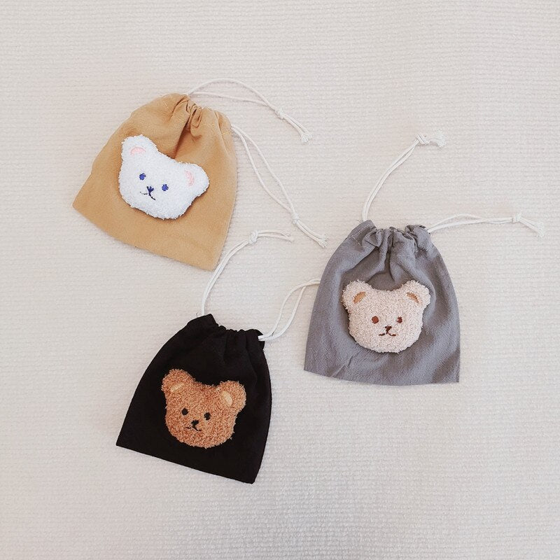 INS Bear Mini Muslin Drawstring Storage Bag Kids Coin Purse Pocket Wireless Earphone Organizer Pouch Travel Make Up Cosmetic Bag - Provence Home Living Store