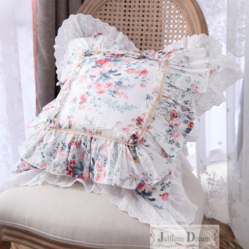 Sweet pink European embroidery cushion cover ruffle Lace cotton pillow cover cake layers princess elegant bedding pillow case - Provence Home Living Store