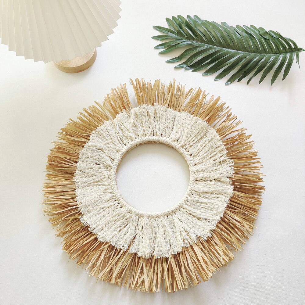 INS Nordic Handmade Woven Raffia Straw Ornaments Bohemian Macrame Tassel Wall Hanging Pendant Rustic Farmhouse Decor Photo Props - Provence Home Living Store