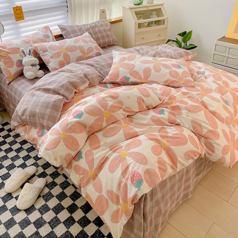 Pastoral Style Cotton Bedding Set Floral Bear Fitted Sheet Duvet Cover Pillowcase Fashion Cartoon Boy Girl Dormitory Bedclothes - Provence Home Living Store