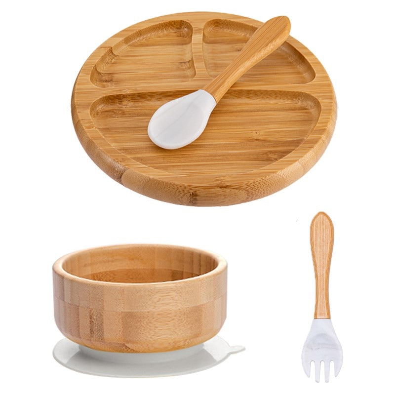 4pcs Children&#39;s Tableware Suction Plate Bowl Baby Dishes Baby Feeding Dishes Spoon Fork Sets Bamboo Plate for Kids Tableware - Provence Home Living Store