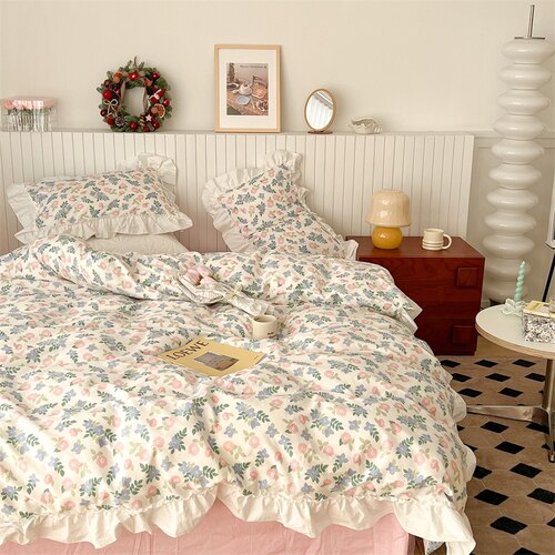 100% Cottom queen bedding set Romantic printed rose ruffle pink bedding set princess home textile linen bed sheet set twin size - Provence Home Living Store