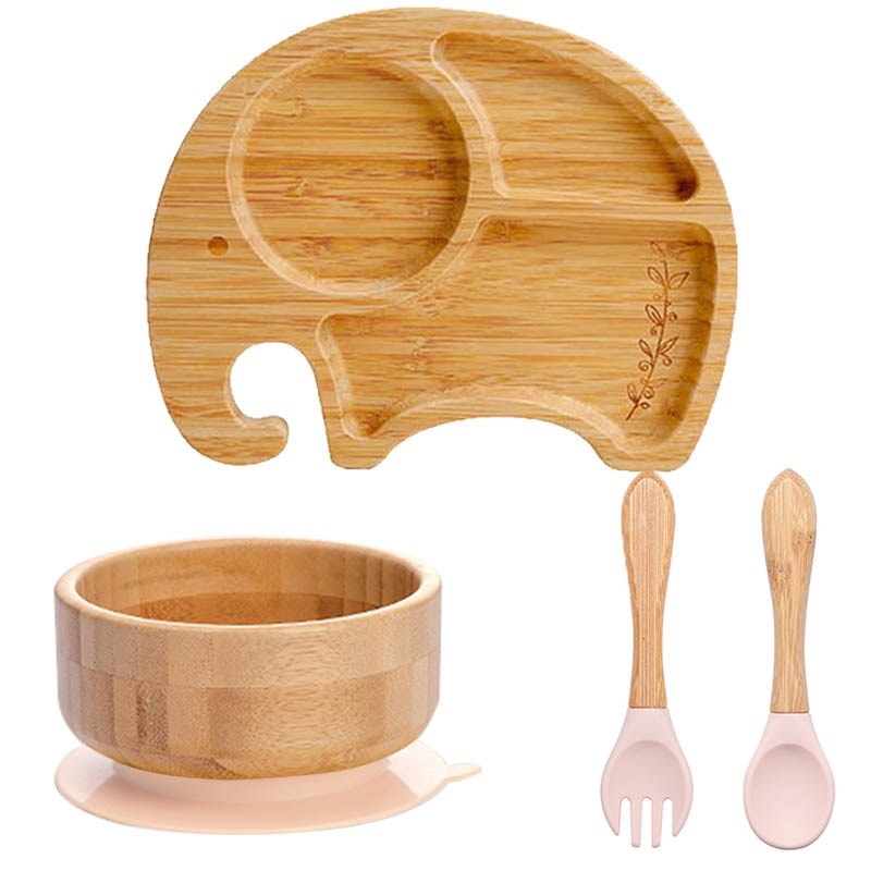 4pcs Children&#39;s Tableware Suction Plate Bowl Baby Dishes Baby Feeding Dishes Spoon Fork Sets Bamboo Plate for Kids Tableware - Provence Home Living Store