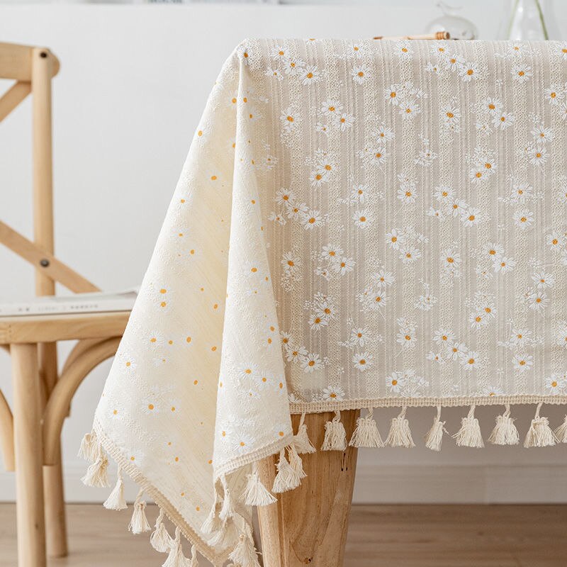 Lilacs Tassels Cotton Tablecloth,Daily Use Korean Style Daisy Tea Table Decor,Rectangle Table Cover for Kitchen Wedding Dining - Provence Home Living Store