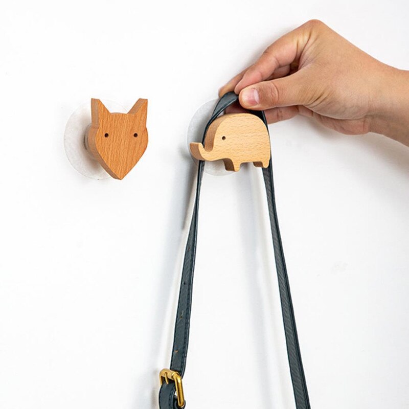 Nordic Wooden Wall Hook Cartoon Animal Solid Wood Hook Door Hanging Clothes Hanger Keys Organizer Home Decorative Sticky Hooks - Provence Home Living Store