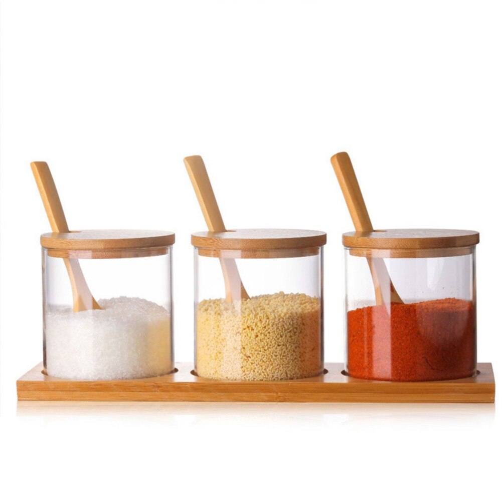 Kitchen Glass Spice Jar Home Pepper Sugar Salt Storage Container Condiment Jar With Bamboo Lid And Spoon Kitchen Accessories - Provence Home Living Store