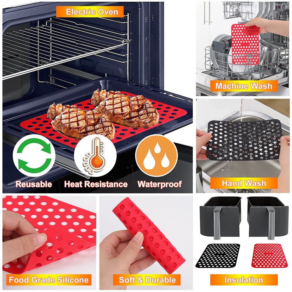 2pcs Silicone Air Fryer Liner Rectangular Reusable Oven Steamer Pad Non-stick Kitchen Baking Mat For Ninja Airfryer Accessories - Provence Home Living Store