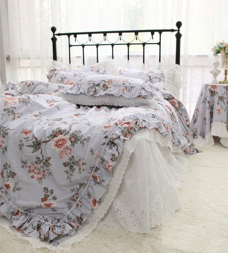 New French Countryside Garden Flowers and Birds bedding set Cotton ruffle lace duvet cover bed sheet set Bedding Sets for queen - Provence Home Living Store