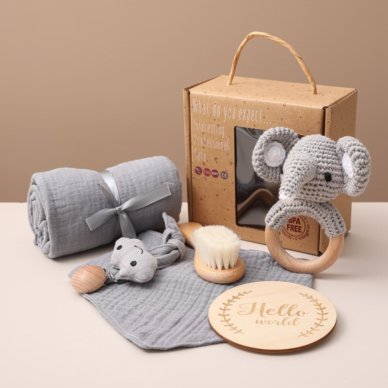 1set Baby Towel Birth Gift Set Double Sided Cotton Blanket Crochet Rattle Wooden Brush Milesto Brush Rattle Bracelet Birth Gifts - Provence Home Living Store