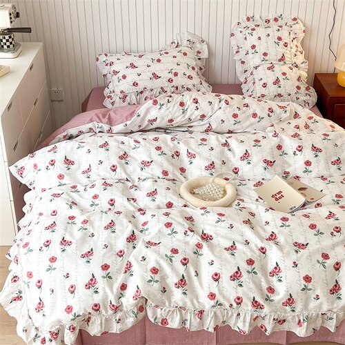 100% Cottom queen bedding set Romantic printed rose ruffle pink bedding set princess home textile linen bed sheet set twin size - Provence Home Living Store