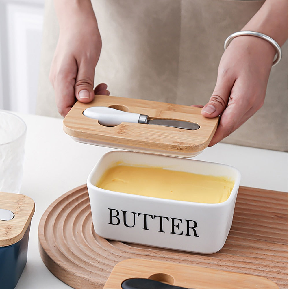 Ceramic Butter Sealing Box Nordic Butter Plate With Wood Lid And Knife Cheese Storage Tray Butter Dish Kitchen Storage Container - Provence Home Living Store