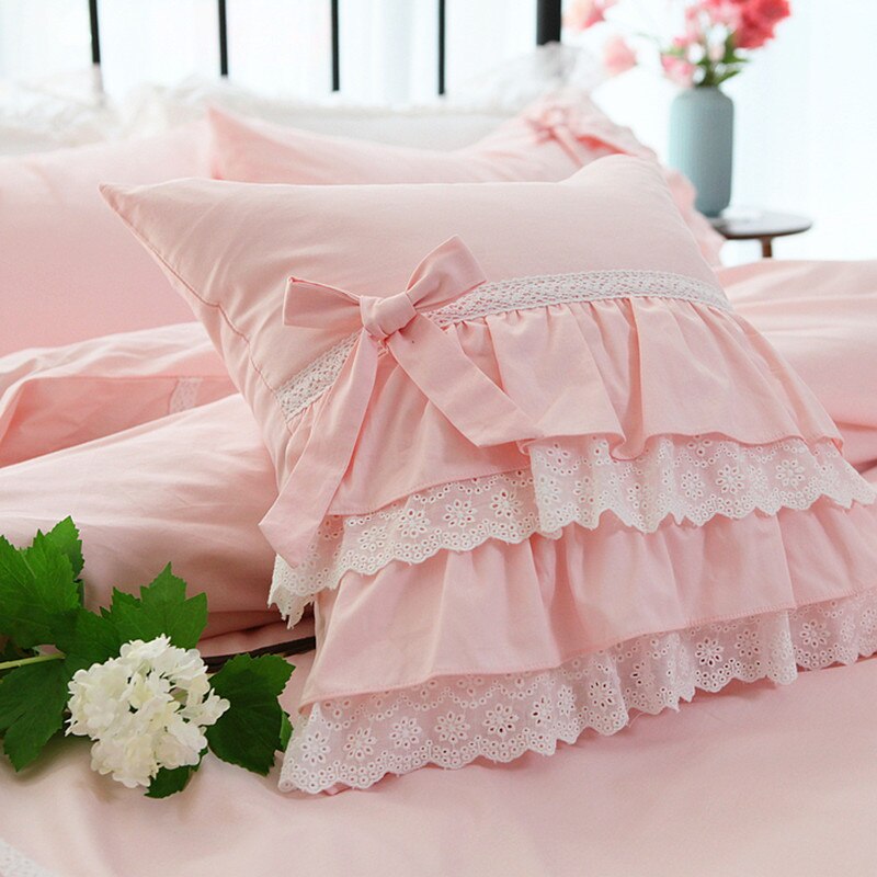 Pink European embroidered cushion cover ruffle Lace Satin cotton pillow cover handmade elegant bedding pillowcase sofa cushion - Provence Home Living Store