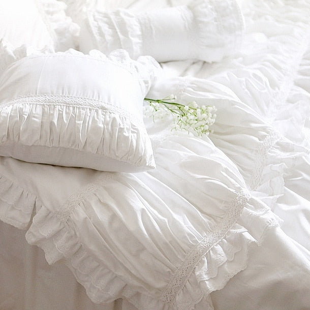 Top Luxury White European Bedding White Ruffle Comforter cover White Bedding Holiday Bedding Lace Cotton Bedding Set Queen - Provence Home Living Store