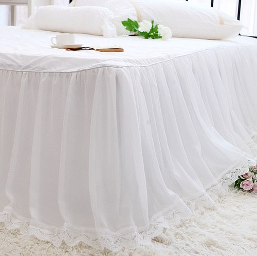 Super Romantic bed sheets double layers bed skirt White cotton bedspread with chiffon lace design mattress cover home bed linen - Provence Home Living Store