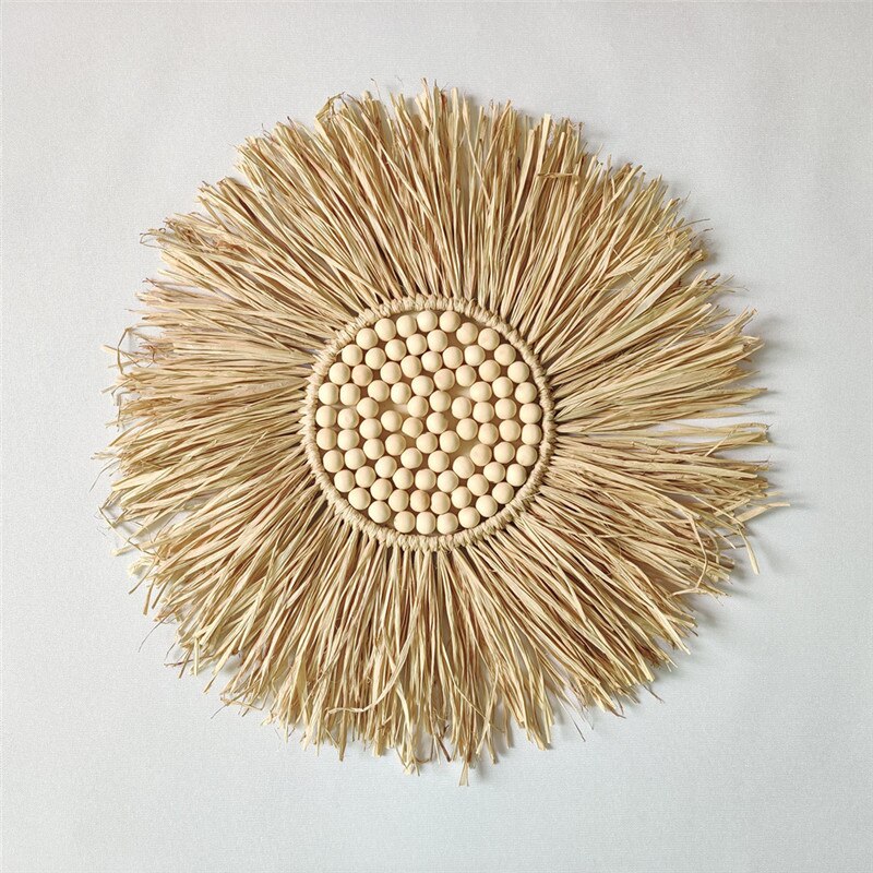 INS Nordic Round Woven Raffith Straw Mirror Moroccan Wood Beads Hanging Makeup Mirrors Wall Ornaments Homestay Home Decor Crafts - Provence Home Living Store