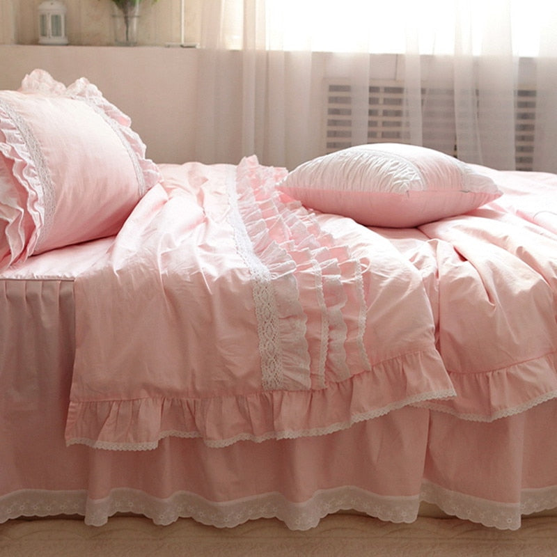 European bedding set luxury Pink heavy handmade Ruffle lace king size bedding set Home bed duvet cover set pillowcases linen - Provence Home Living Store