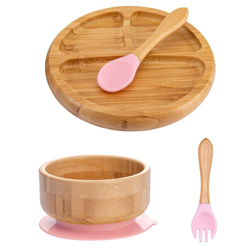 4pcs Children&#39;s Tableware Suction Plate Bowl Baby Dishes Baby Feeding Dishes Spoon Fork Sets Bamboo Plate for Kids Tableware - Provence Home Living Store