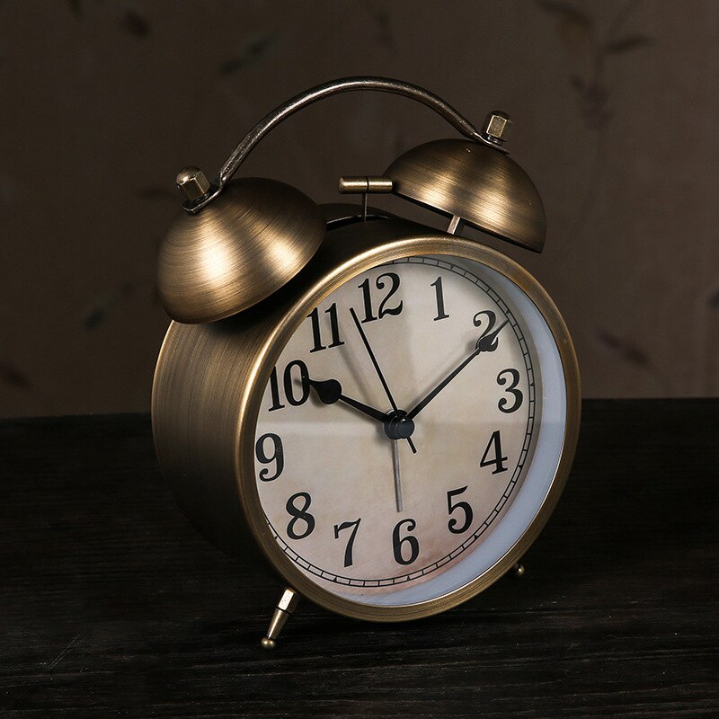 Wind Retro Small Table Clock Alarm Clock Metal Plated Bronze Classic Student Bedside Desk Decoration - Provence Home Living Store