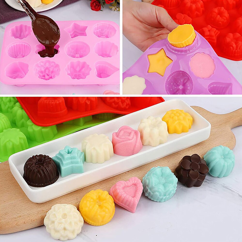 12 Cavity Silicone Mold Flower Heart Shape Chocolate Candy Molds Pudding Jelly Baking Mould Ice Cube Tray Kitchen Accessories - Provence Home Living Store