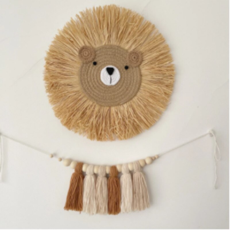 INS Nordic Handmade Lion Wall Decor Cotton Thread Straw Woven Animal Head Wall Hanging Ornament for Nursery Baby Room Decoration - Provence Home Living Store