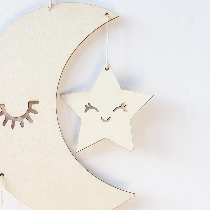 INS Nordic Wooden Moon Star Wall Hanging Pendant Wood Crafts Kids Room Decoration Ornament Baby Shower Nursery Decor Photo Props - Provence Home Living Store