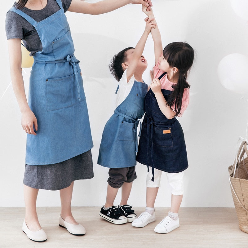 Kids Apron Denim Parent-Child Apron Cotton Korean Version Cover-up Avental Cozinha Pinafore Antifouling Customizable LOGO - Provence Home Living Store