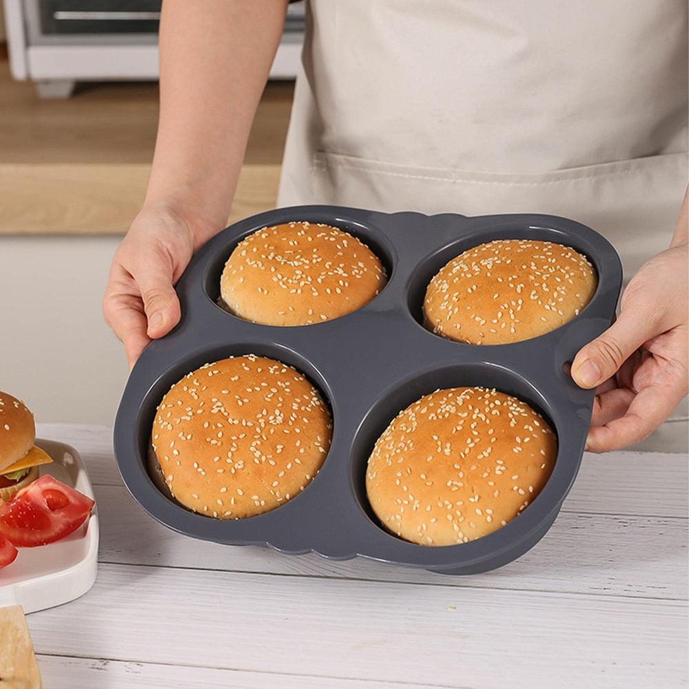 Silicone Hamburger Bun Mold 4 Cavity Loaf Pan Non Stick Baking Moulds Muffin Cake Pastry Pan Tray Kitchen Bakeware - Provence Home Living Store