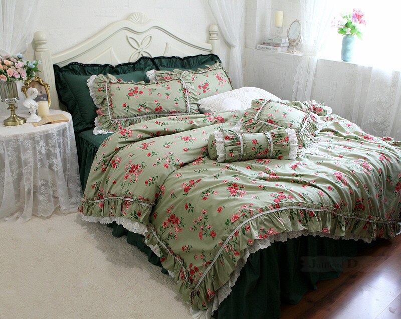 Luxury Vintage Rose printed bedding set Romantic lace ruffle duvet cover set bed cover set home bedroom set queen bedding set - Provence Home Living Store