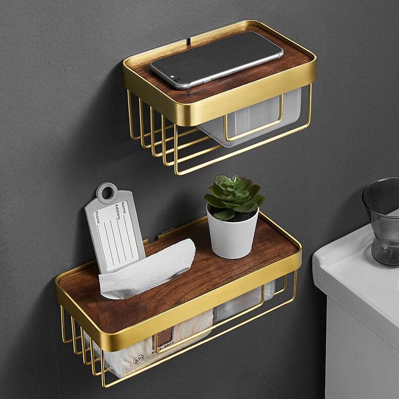 Luxury Toilet Paper Holder Wooden+ Metal Wall Mounted Bathroom Storage Shelf  Paper Holders Punch-Free Tissue Box Phone Holder - Provence Home Living Store