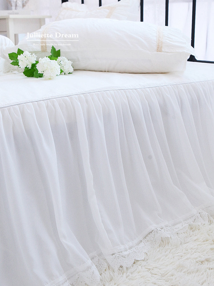 Super Romantic bed sheets double layers bed skirt White cotton bedspread with chiffon lace design mattress cover home bed linen - Provence Home Living Store