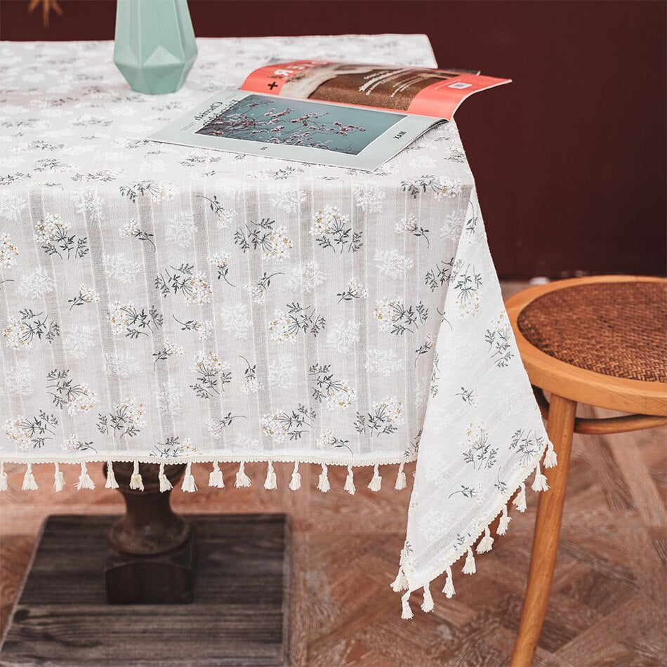 Lilacs Tassels Cotton Tablecloth,Daily Use Korean Style Daisy Tea Table Decor,Rectangle Table Cover for Kitchen Wedding Dining - Provence Home Living Store