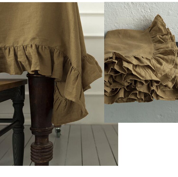 100% Pure Linen Ruffles Table Cover,Natural Fabric Flounce Tablecloth,for Kitchen Dining Party Holiday Fishtail Tabletop Decor - Provence Home Living Store