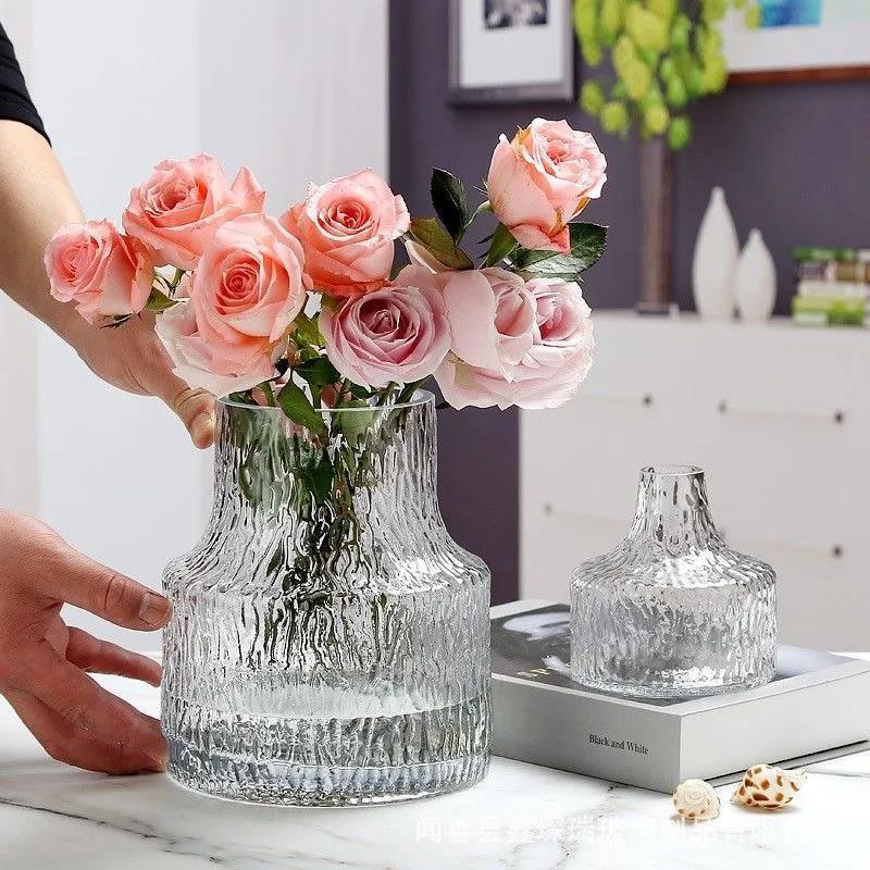 Glass Vase Glacier Texture Flower Vase Transparent Hydroponic Vase Living Room Decoration Terrarium Creative Home Decor - Provence Home Living Store