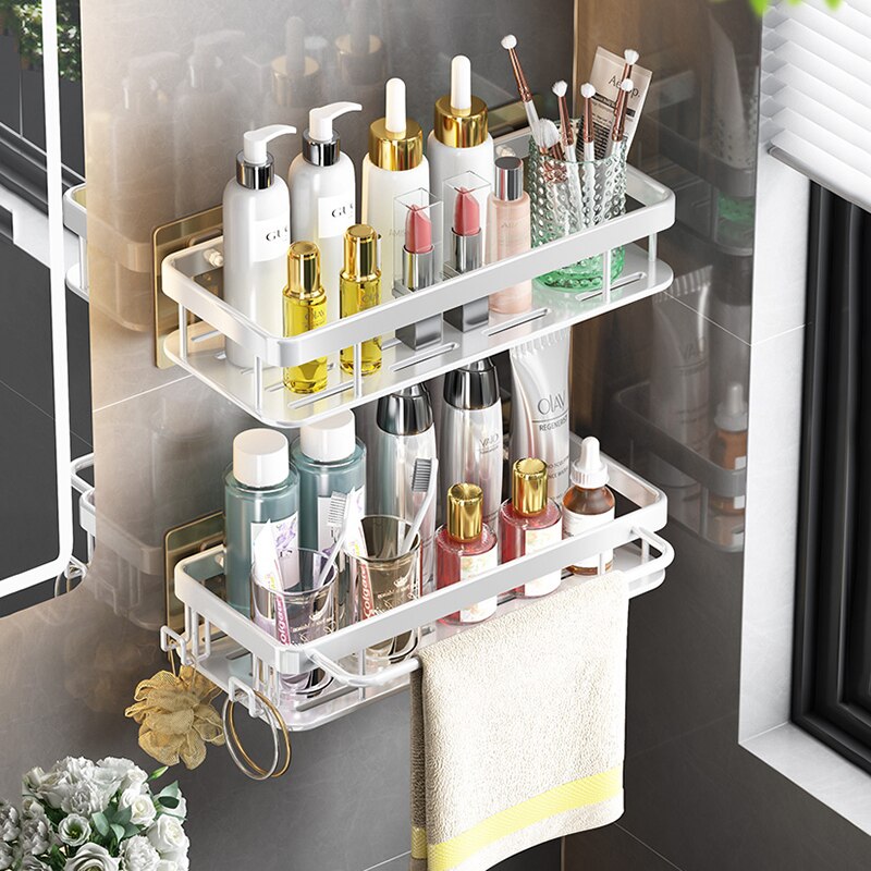 Adhesive Bathroom Shelf Organizer Rack Shower Storage Shelf Shelves Kitchen Toilet Storage for Bathroom Accessories Set Black - Provence Home Living Store