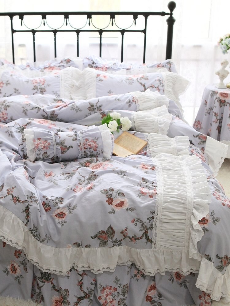 New French Countryside Garden Flowers and Birds bedding set Cotton ruffle lace duvet cover bed sheet set Bedding Sets for queen - Provence Home Living Store