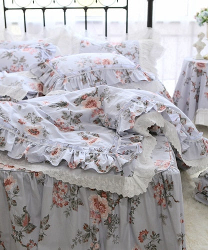 New French Countryside Garden Flowers and Birds bedding set Cotton ruffle lace duvet cover bed sheet set Bedding Sets for queen - Provence Home Living Store