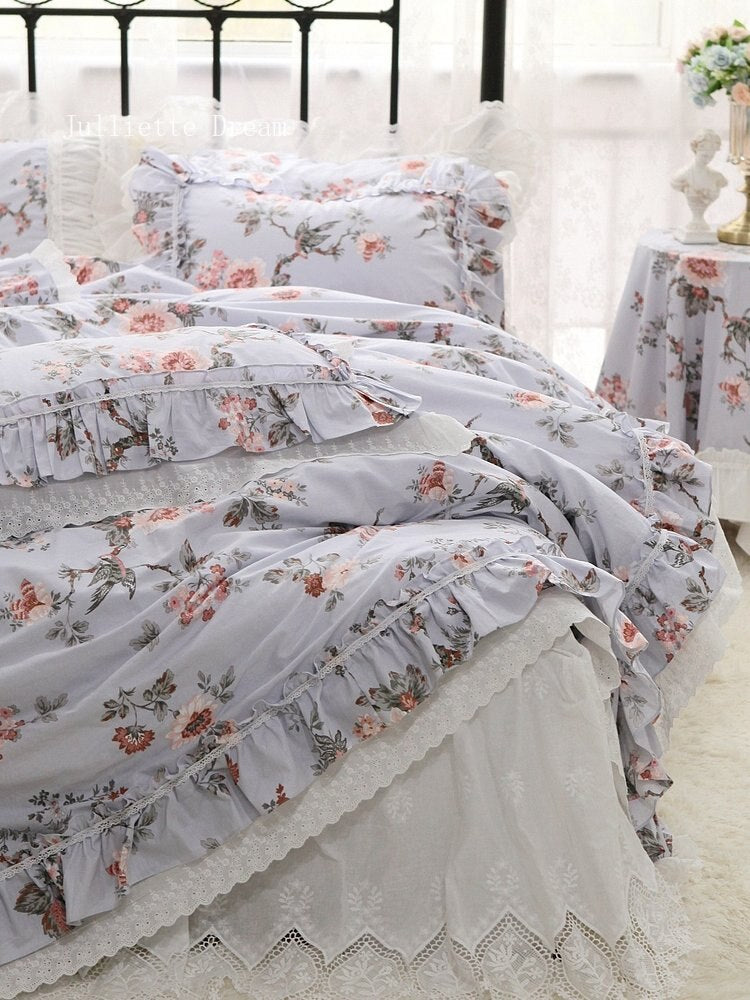 New French Countryside Garden Flowers and Birds bedding set Cotton ruffle lace duvet cover bed sheet set Bedding Sets for queen - Provence Home Living Store