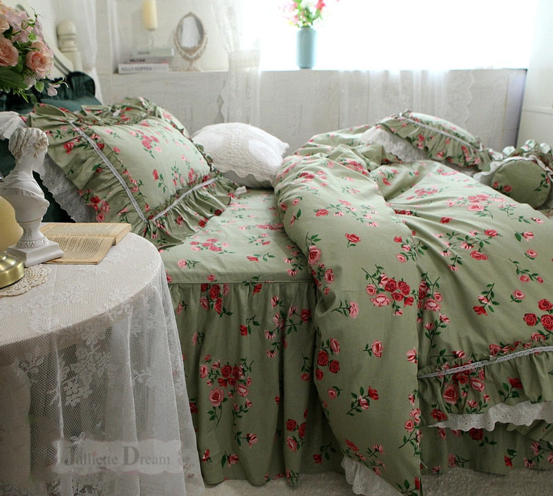 Luxury Vintage Rose printed bedding set Romantic lace ruffle duvet cover set bed cover set home bedroom set queen bedding set - Provence Home Living Store