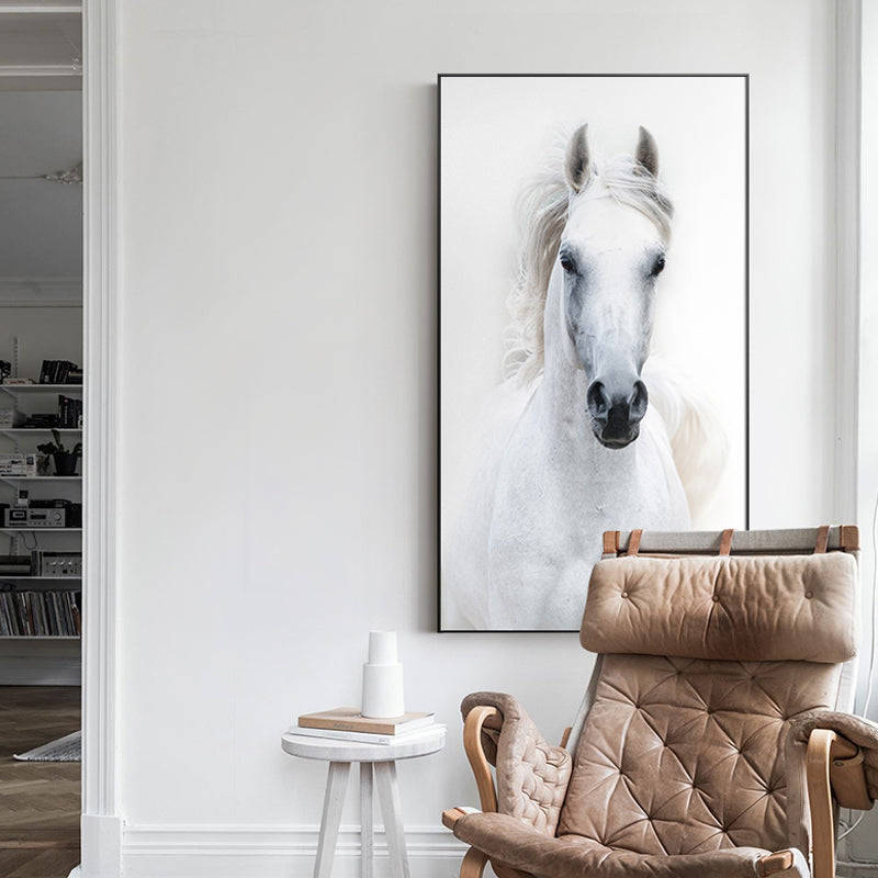 Nordic Style White Horse Canvas White Poster Print Modern Wall Art Pictures - Provence Home Living Store