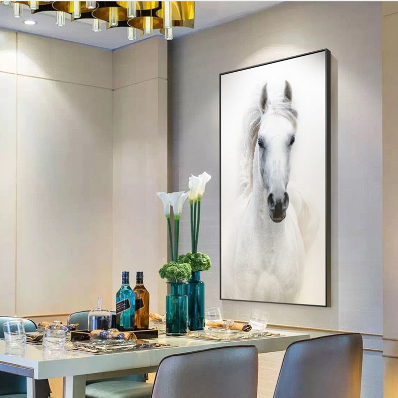 Nordic Style White Horse Canvas White Poster Print Modern Wall Art Pictures - Provence Home Living Store