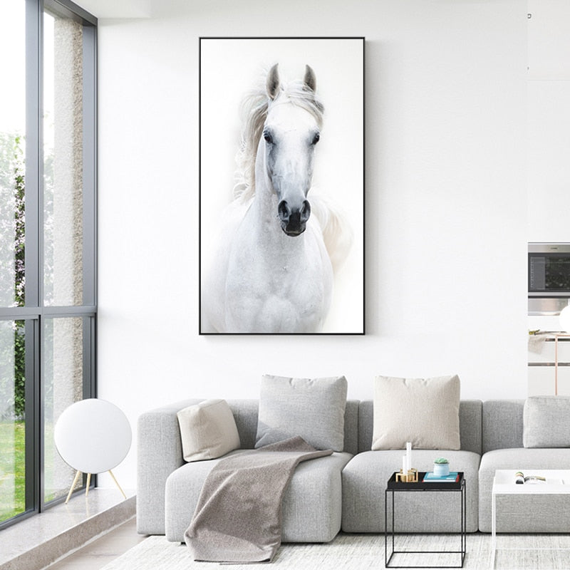 Nordic Style White Horse Canvas White Poster Print Modern Wall Art Pictures - Provence Home Living Store