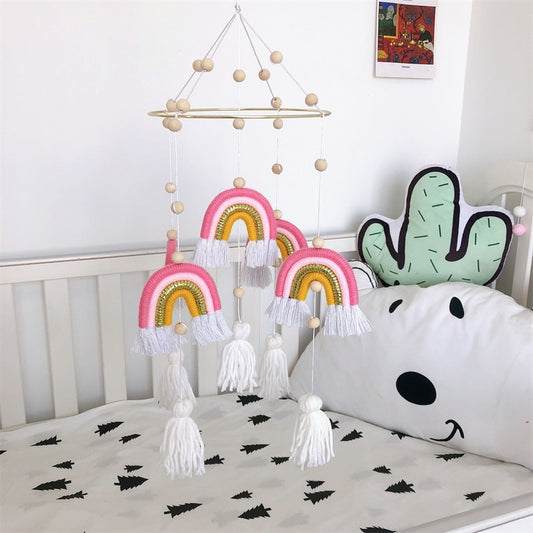 Cute Room Decoration Nordic Style Rainbow Wall Hanging Hand-Woven Rainbow Clouds Tassel Kids Rattle Mobile Crib Toy Home Decor - Provence Home Living Store