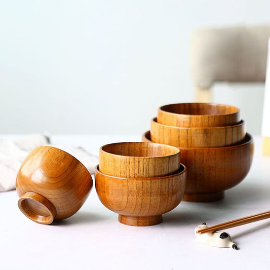 Acacia Wood Serving Bowl For Fruits or Salads Japanese Style Single Bowl Wood Rice Soup Bowl Food Container Kitchen Tableware - Provence Home Living Store