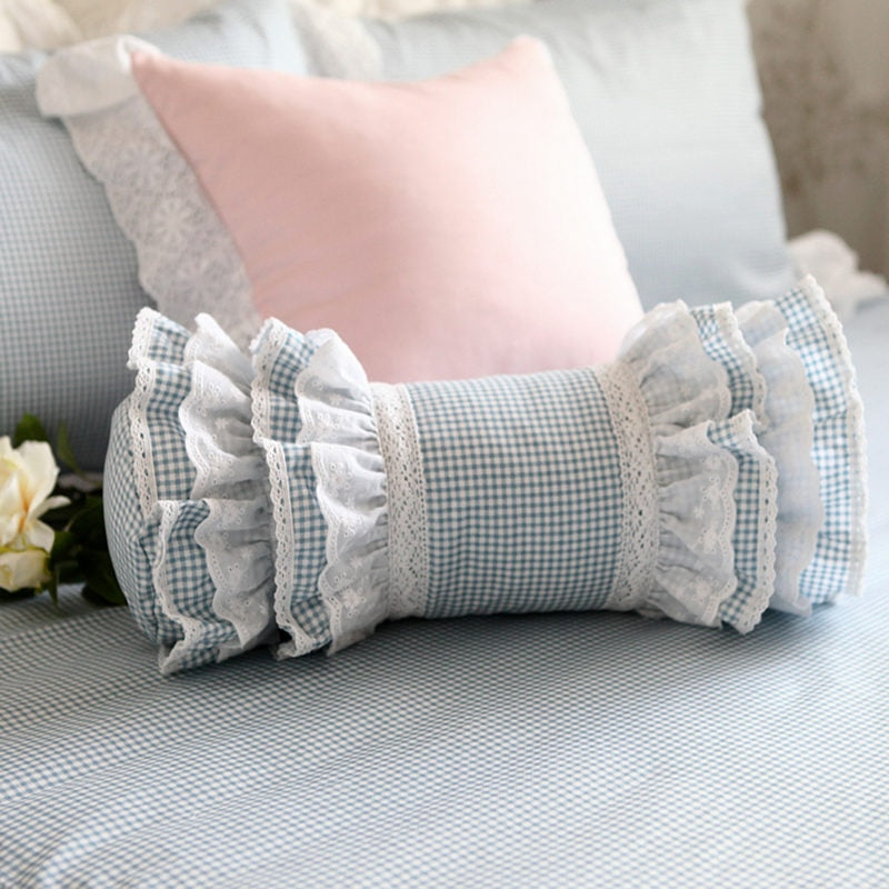 New classic blue plaid decorative pillow European style embroidered candy cushion princess ruffle pillows ( include filler) - Provence Home Living Store