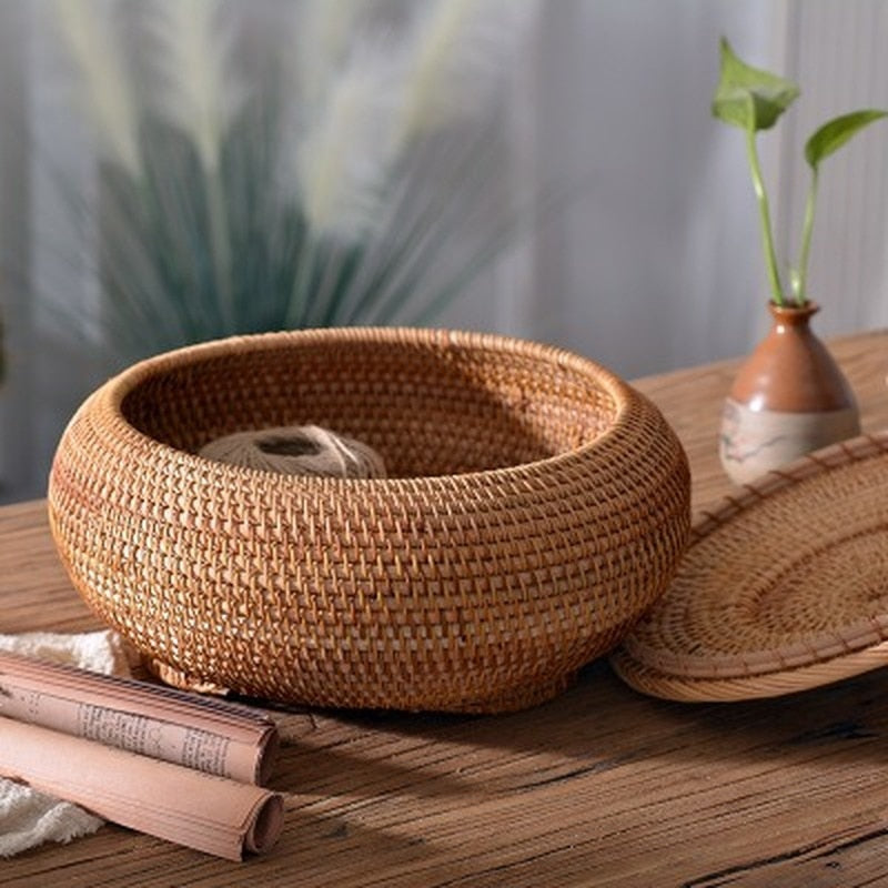 Round Rattan Boxes with Lid Hand-Woven Multi-Purpose Wicker Tray 11 Inch Picnic Food Bread Table Storage Basket WF - Provence Home Living Store