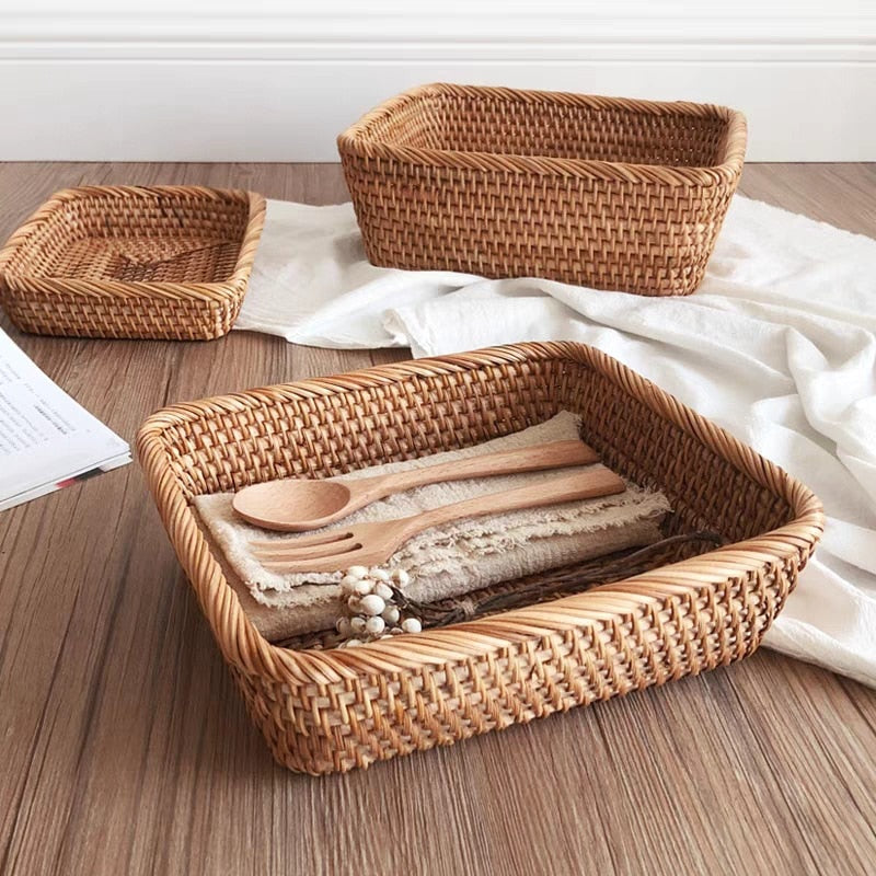 Hand-woven Basket Square Rattan Storage Basket Wicker Tray Picnic Basket Food Bread Dishes Sundries Box Kitchen Supplies - Provence Home Living Store