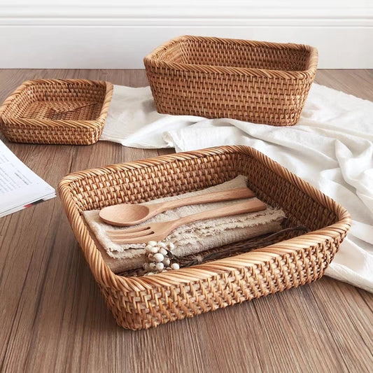 Hand-woven Basket Square Rattan Storage Basket Wicker Tray Picnic Basket Food Bread Dishes Sundries Box Kitchen Supplies - Provence Home Living Store