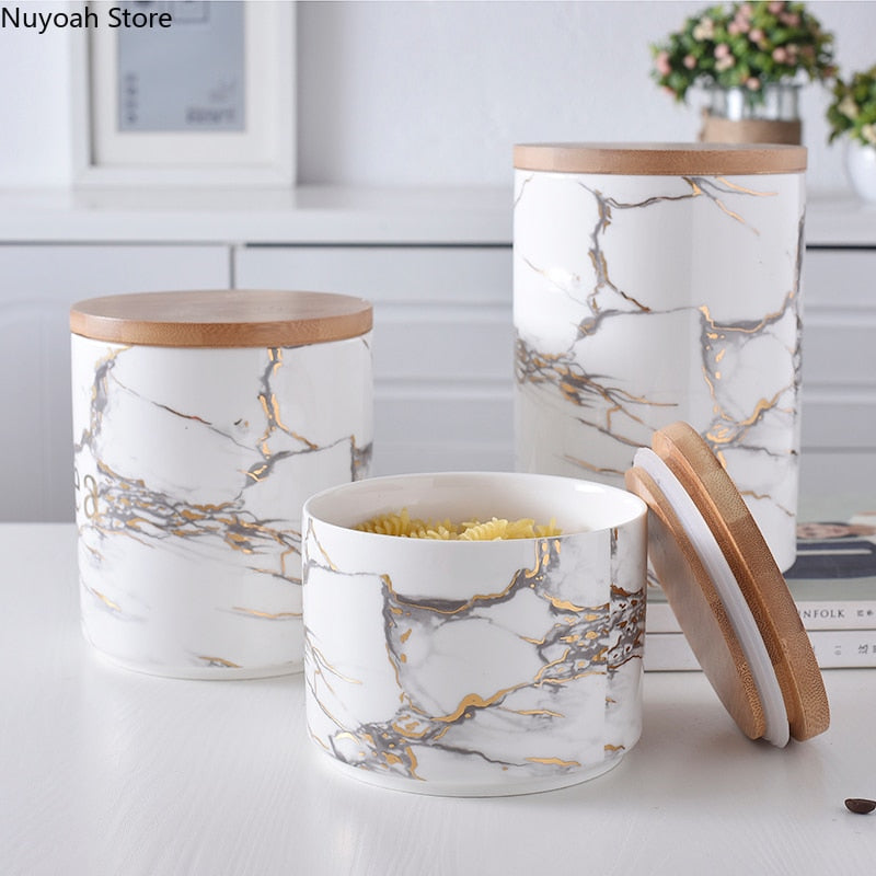 Nordic Ceramic Storage Jar Marble Grain Wooden Cover Sealed Jar Handicraft Luxury Home Storage Supplies/Kitchen Grain Dispenser - Provence Home Living Store