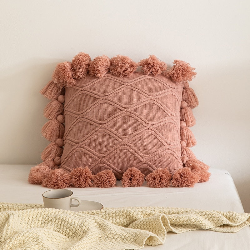 Knit Soft Cushion Cover 45x45cm Boho Style Ivory Green Pink Tassles Home Decoration Pillow Cover for Living room Bedroom - Provence Home Living Store